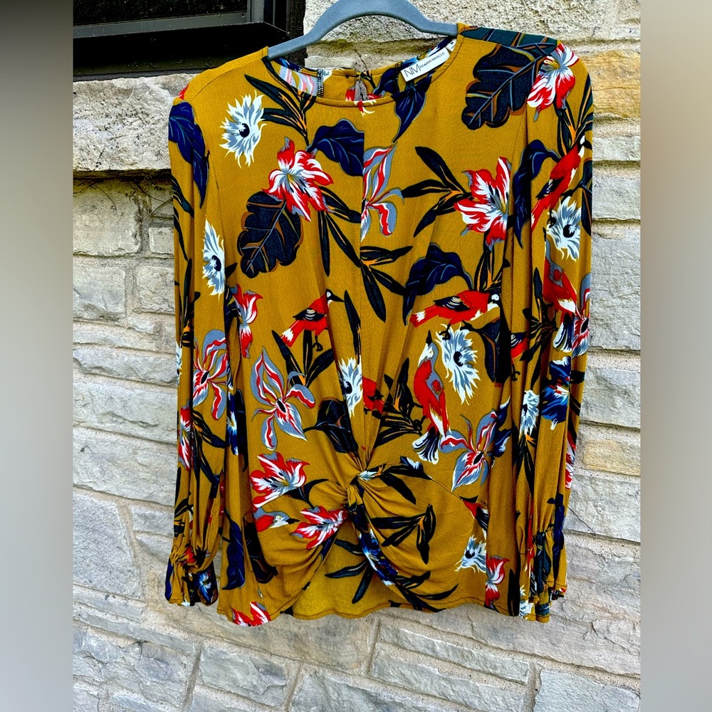 EUC - Mustard Green Tropical Print Blouse - Pirate Sleeves & Knot-Front Roll - M